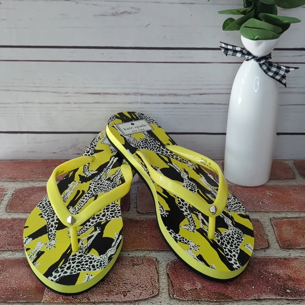 Kate Spade Flip Flops Women's Feldon‎ Giraffe Sandal Yellow Black NWT Size 7/8